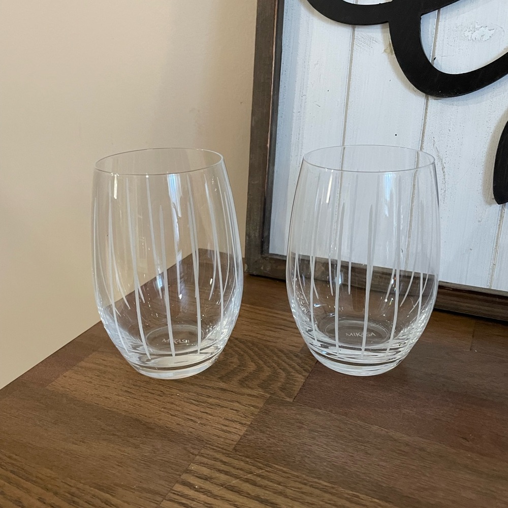 Mikasa Crystal Cheers Stemless Wine Glasses with Etched Stripes- Set of 2
